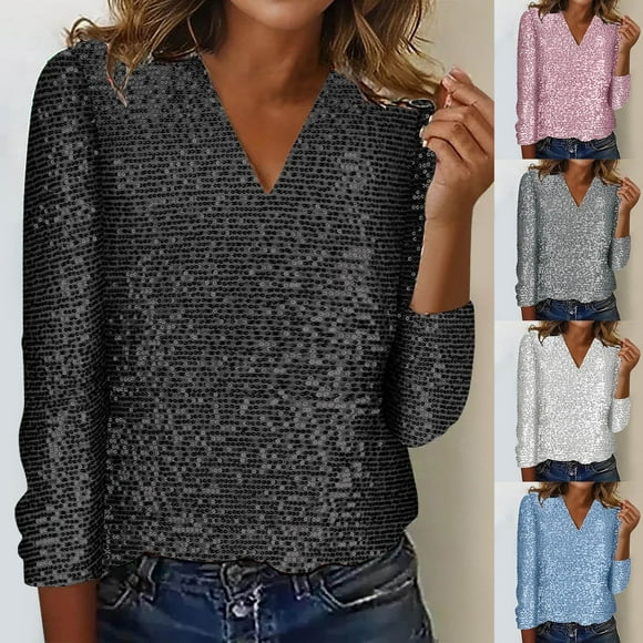 Meichang Womens Sequin Tops Dressy Casual V Neck Long Sleeve Shirts Sparkly Glitter Evening Party Blouses