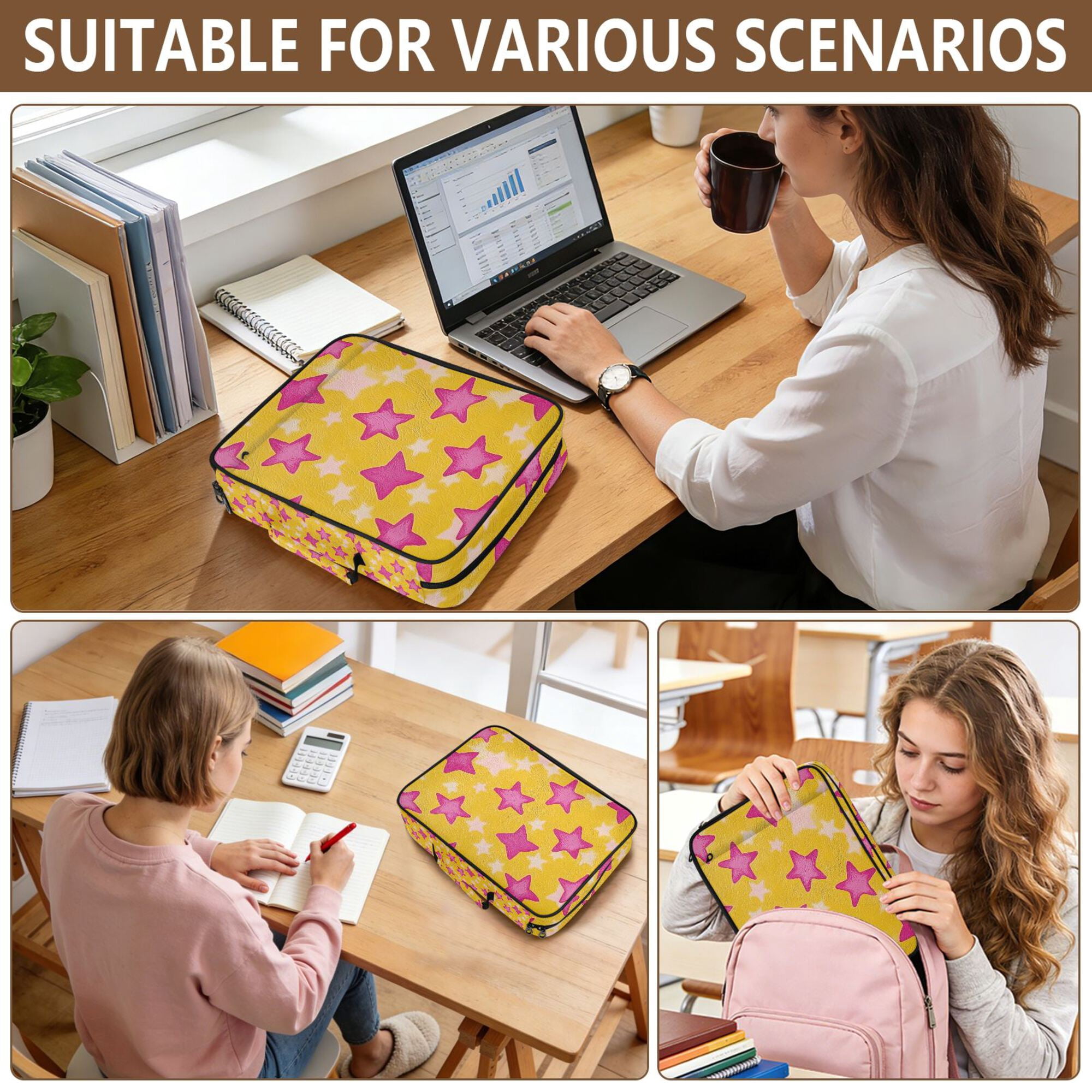 FORMRS Accordion File Folder A4 Size 7-Pocket Expanding Document Organizer Bag with 3 Ring Binder, Large Pink Stars
