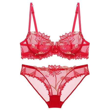 Black_Friday Deal 2024 WIZUTIZ See Through Lingerie Set 2pcs Thin Sponge Transparent Bra With Large Chest&Small Lace Women s SexyGather And Lift For Breathability Lingerie Bra Set