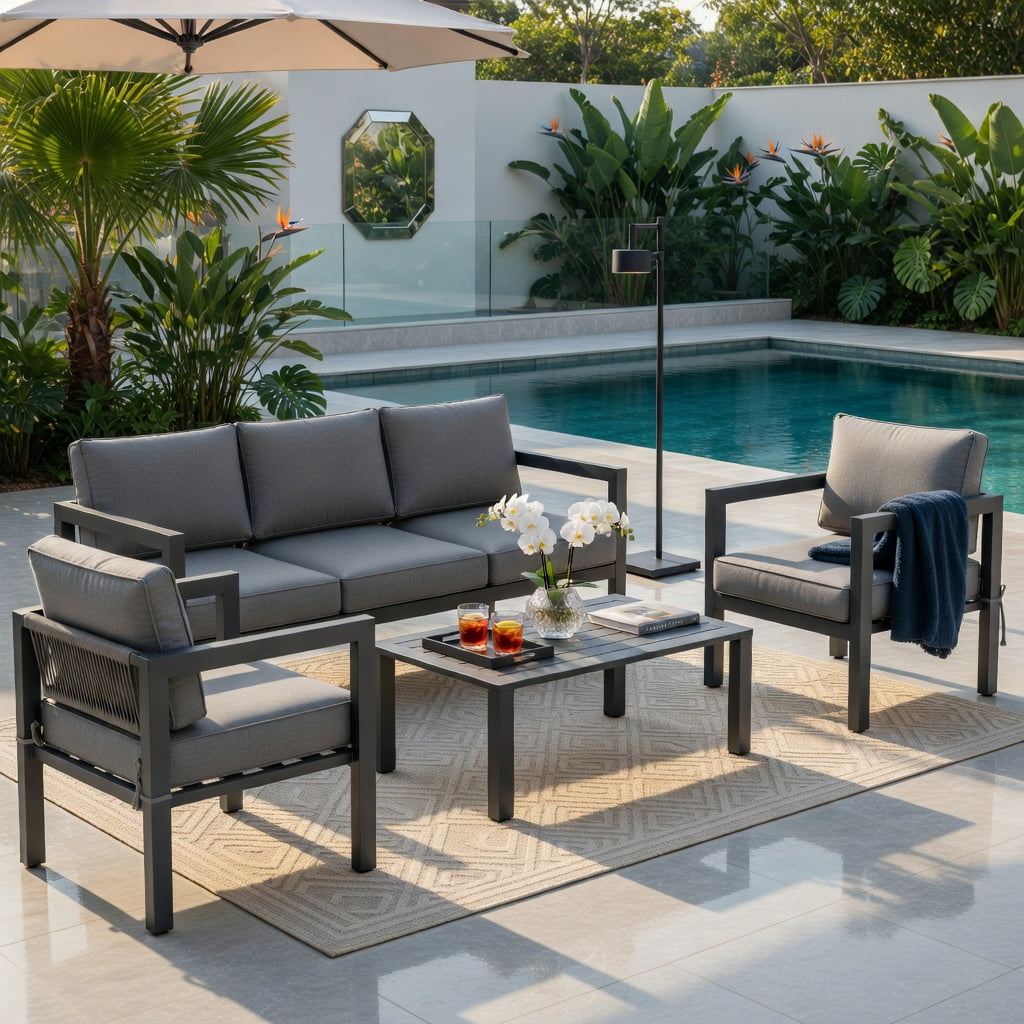 Hommoo 4-Piece Modern Outdoor Patio Furniture Set, Aluminum Frame with Cushions for Backyard, Poolside & Garden, Gray