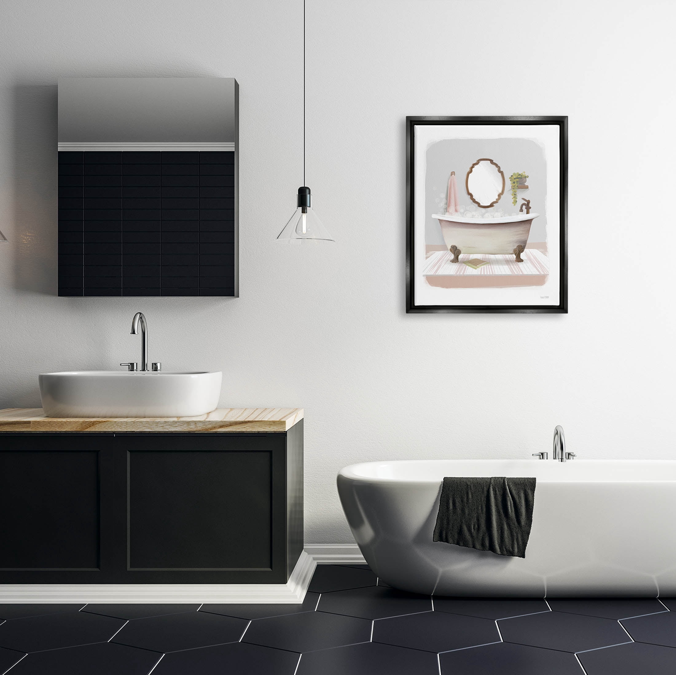Stupell Industries Bubble Bath Tub Bathroom Graphic Art Jet Black Floating Framed Canvas Print Wall Art, Design by House Fenway