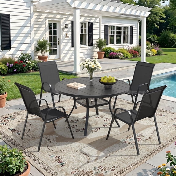 VOXBIN 5 Pieces Patio Dining Set – 40.6" Round Outdoor Table with 4 Stackable Chairs, Black Table and Black Chairs