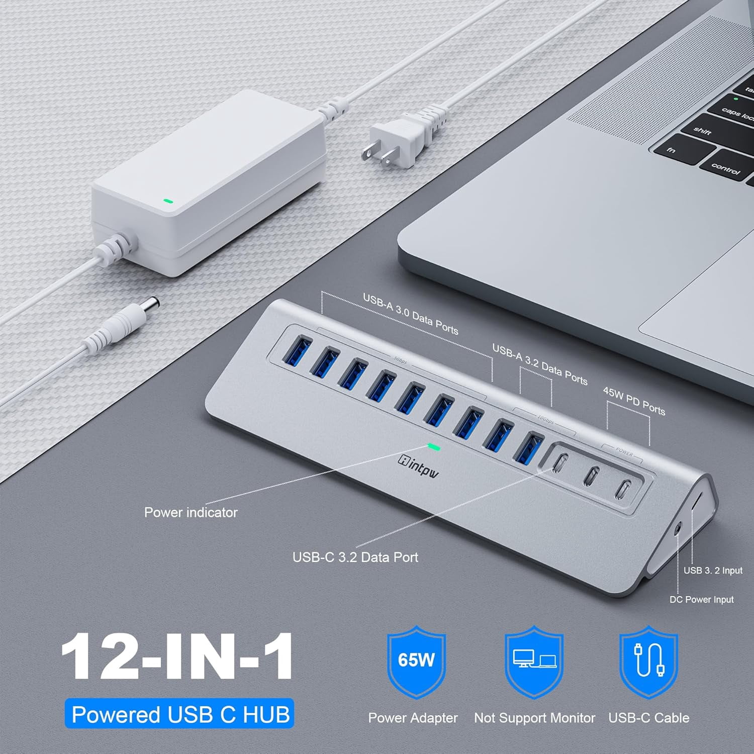 Powered USB Hub 10Gbps, YH9AC 12 Port USB C Hub with 10Gbps USB C 3.2+2 USB A 3.2, 7 USB 3.0, 2 PD 45W Charging Port, 65W Power Adapter + 3.3FT Cable, Aluminum USB Hub for Laptop/iPhone 17/16/PC