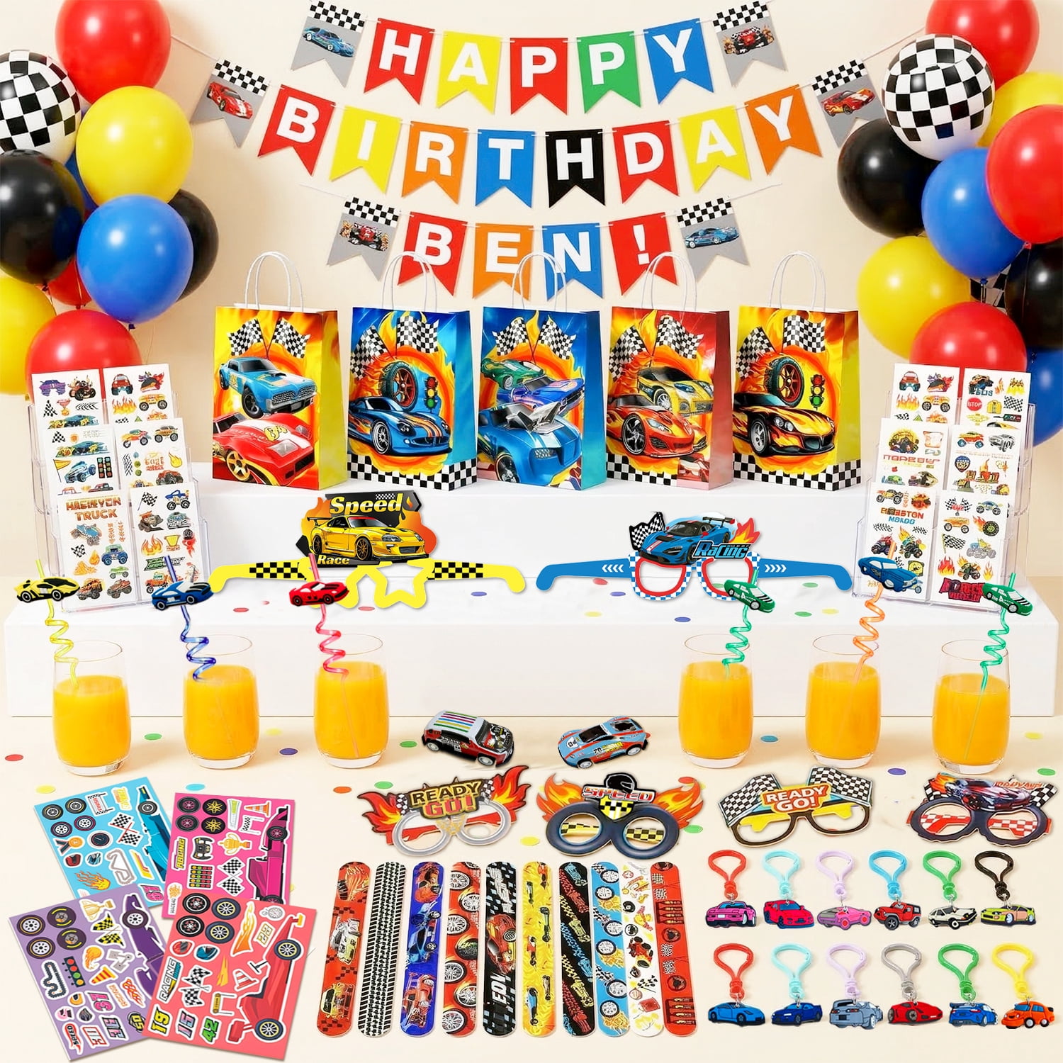 96Pcs Race Car Party Favors, Race Car Birthday Favors Set- Race Car Goodie Bags Key Chains Stickers  3D Puzzle etc Race Car Party Supplies for Race Car Birthday Decorations