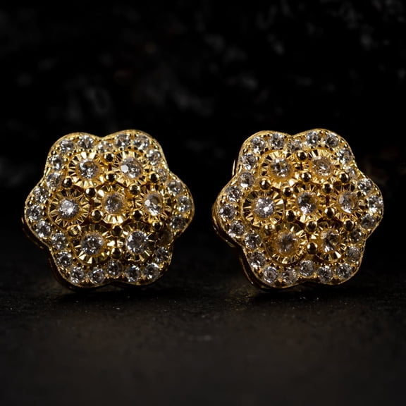 Hip Hop Big 14K Yellow Gold Plated 925 Sterling Silver Screw Back Post Large Iced CZ Round Flower Cluster Circle  Stud Earrings