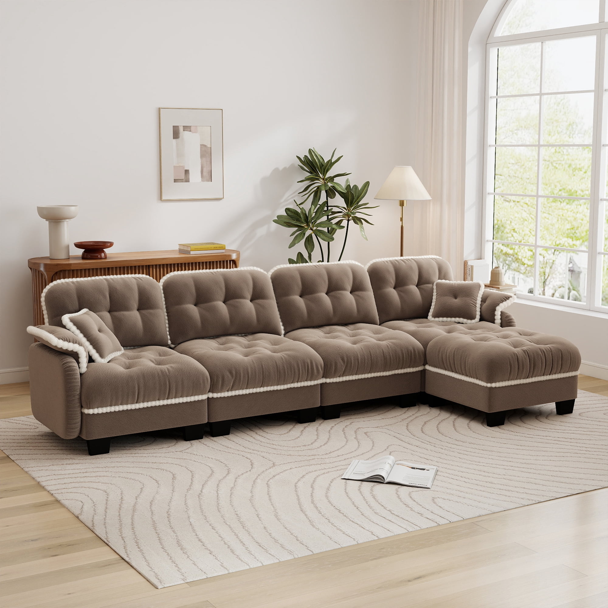 Aenkyo 131.5" Chenille Modular 4-Seater Sectional Sofa with Movable Ottoman, Camel