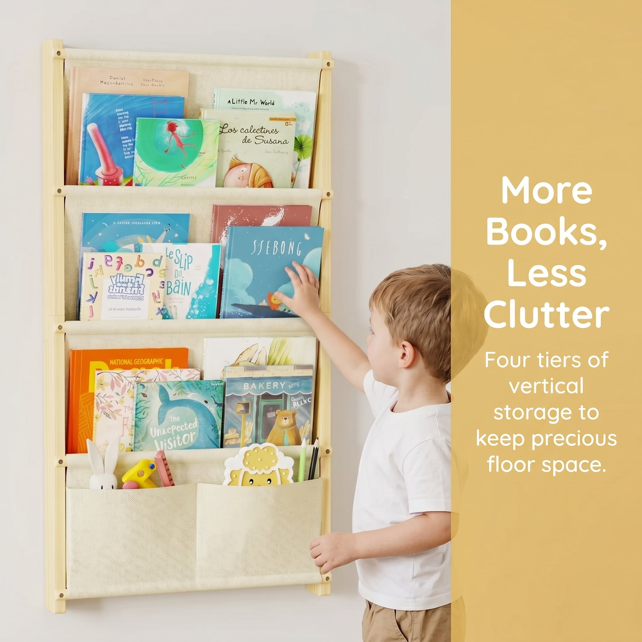 Wood 4-Tier Wall Mounted Bookshelf – Floating shelves Book Shelf For Bedrooms,Hanging Bookcase Organizer For Books, Small Bookshelf