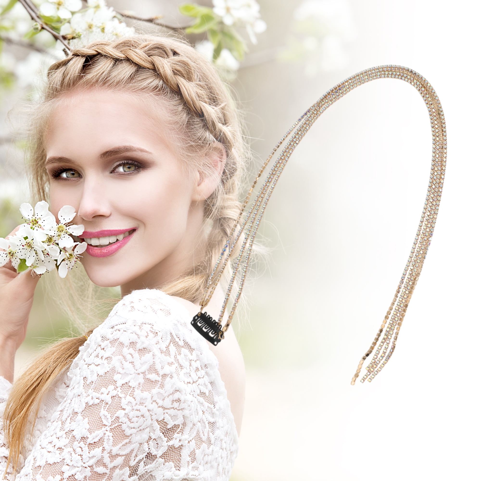 Unique Bargains Colorful Rhinestone Braided Hair Chain 1 Pc Vintage Gold Tone