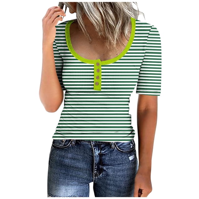 Birdeem Mode Blouses Imprimées Rayées pour Femmes T-Shirt à Boutons Manches Courtes Col Rond