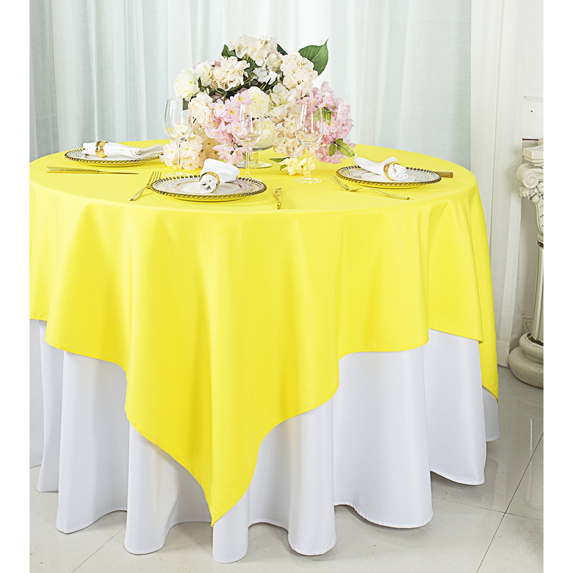 Wedding Linens Inc. 72" x 72" Square Polyester Table Overlays Toppers - Canary Yellow