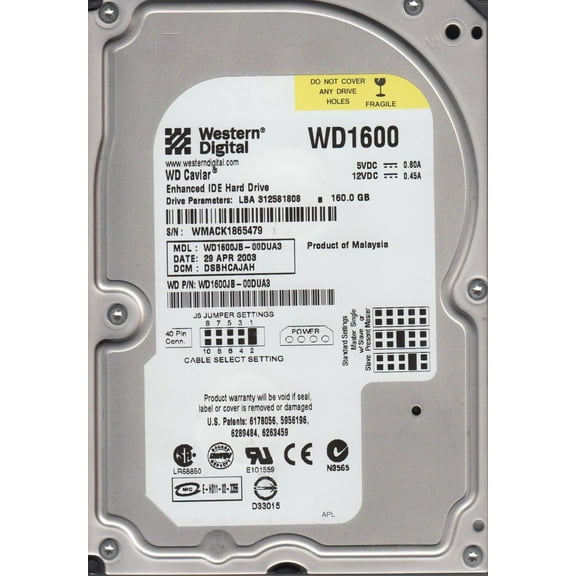 WD1600JB-00DUA3, DCM DSBHCAJAH, Western Digital 160GB IDE 3.5 Hard Drive