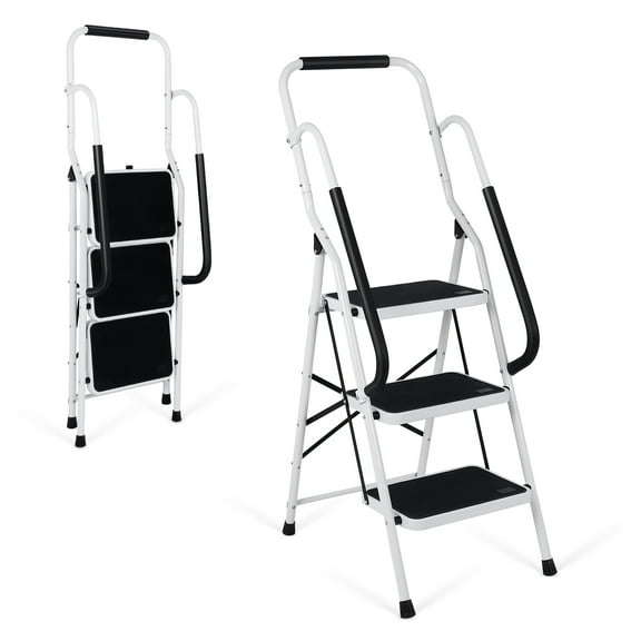 Step Ladder 3 Step Folding with Handrails, Folding Step Stool with Wide Anti-Slip Pedal, Sturdy Steel Portable Ladder, Lightweight Step Stool Foldable for Library Home Garage Office
