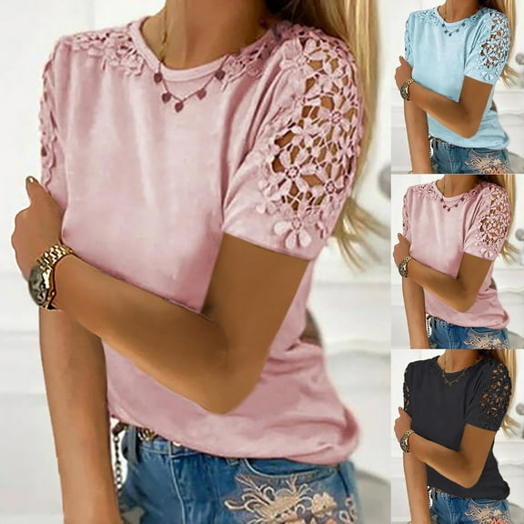 safuny Women's Trendy Loose Basic Tops Solid Tops Short Sleeve Tees Round Neck Shirts Lace Raglan Vintage Clothing Fashion Summer Blue XXL