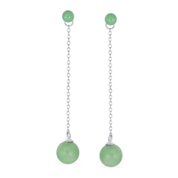 Simple Gemstone Dangle Double Round Genuine Green Jade Long Linear