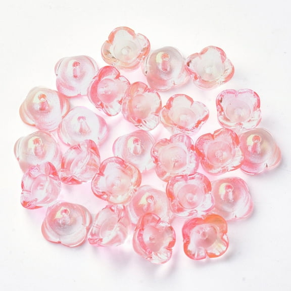20 pc 4-Petal Transparent Spray Painted Glass Bead Caps with Glitter Powder Flower Pink 11.5x11.5x7mm Hole: 1.6mm