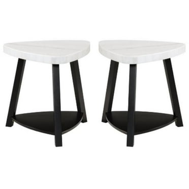 Home Square Marble Top End Table in White & Black Wooden Base - Set of 2
