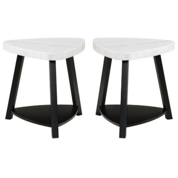 Home Square Marble Top End Table in White & Black Wooden Base - Set of 2