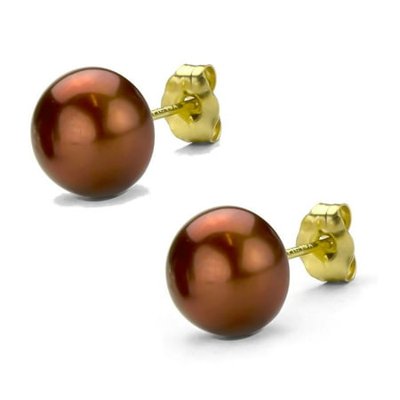 DaVonna 14k Yellow Gold Brown FW Pearl Stud Earrings (9-9.5 mm)