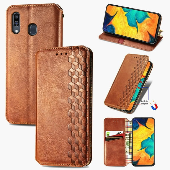 Galaxy A30 Case, Premium PU Leather TPU Wallet Cover with Card Holder Kickstand Hidden Magnetic Adsorption Shockproof Flip Folio Cell Phone Protective Case for Samsung Galaxy A30,Brown