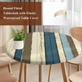 thumbnail image 3 of Beige Blue Stripes Round Tablecloth 55-60 Inch Round Fitted Table Cloth with Elastic Edge, Bogo Rustic Brown Farmhouse Wooden Waterproof Table Cover Protector for Outdoor Picnic Party Dining, 3 of 6