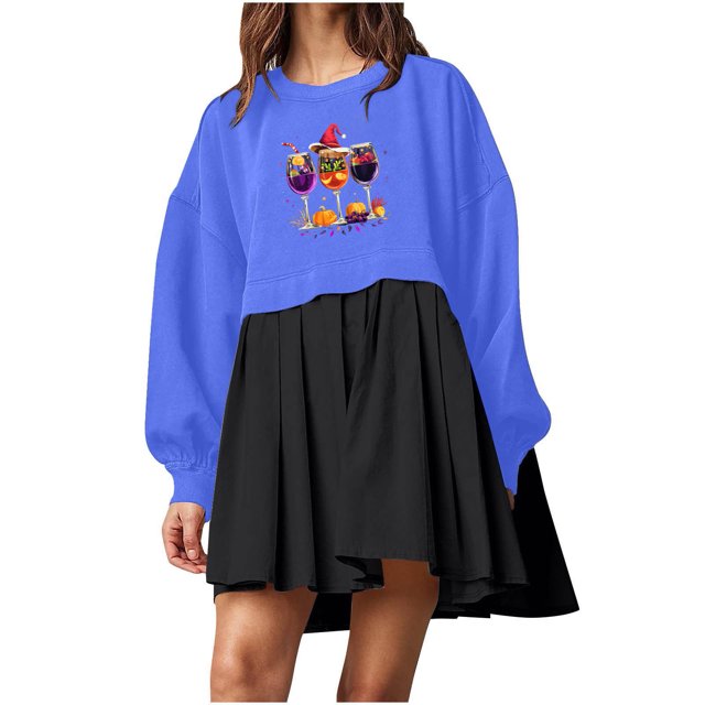 Pisexur Robes de Noël pour Femmes Mode Imprimé Noël Robes de Vacances Décontractées Col Rond Manches Longues Robe Fluide à Étages Mini Robe de Fête