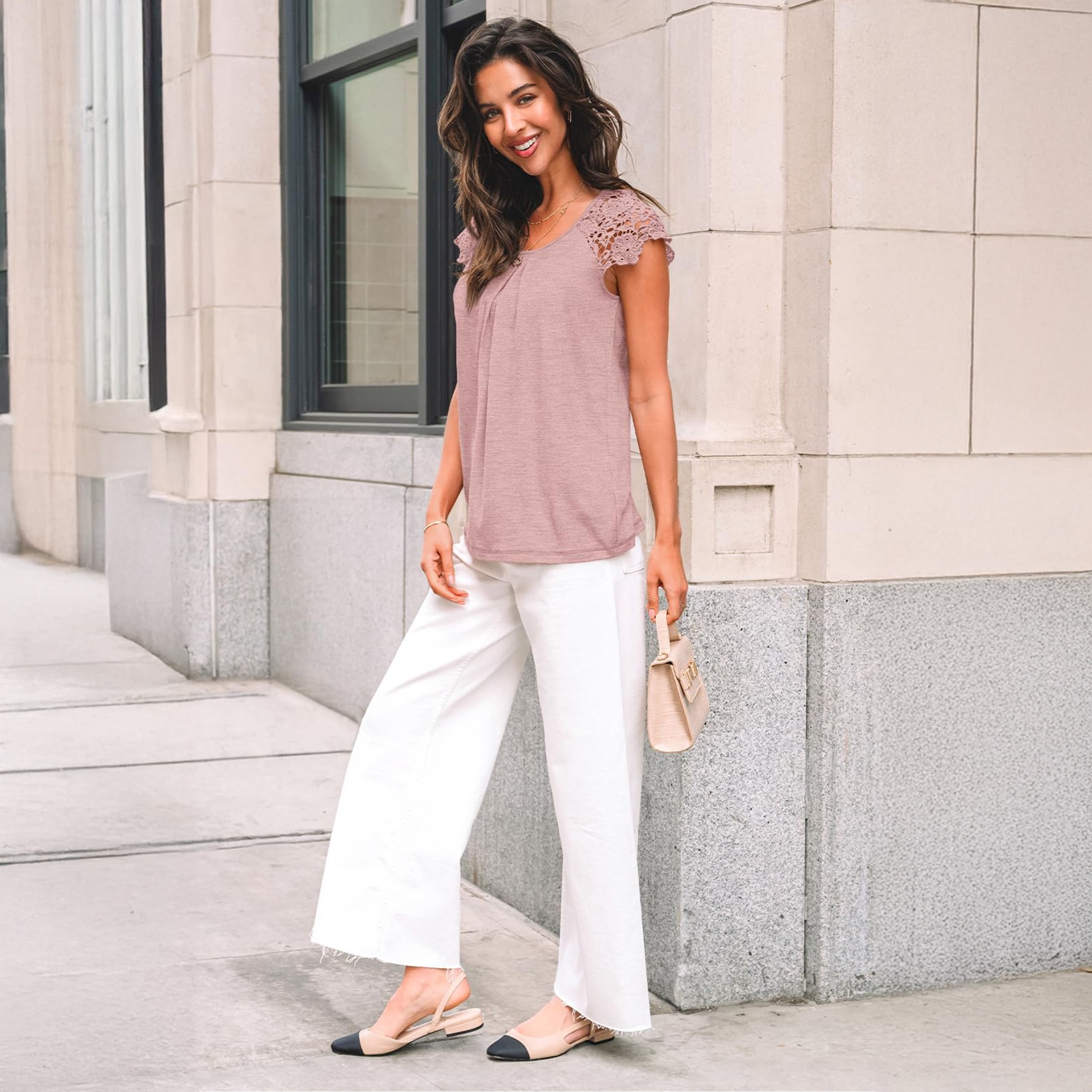 SUNBS Blouses for Women Lace Tops Pleated Short Sleeve Shirts Summer Business Casual Dressy Clothes