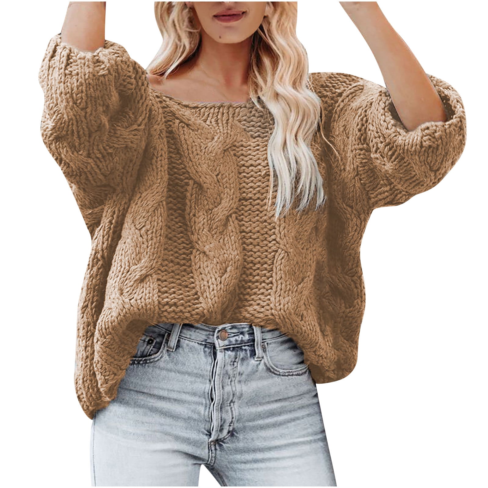Hfyihgf Womens Oversized Sweater Long Sleeve Sexy Off Shoulder Pullover  Sweaters Batwing Sleeve Cable Knit Slouchy Tops(Khaki,L)