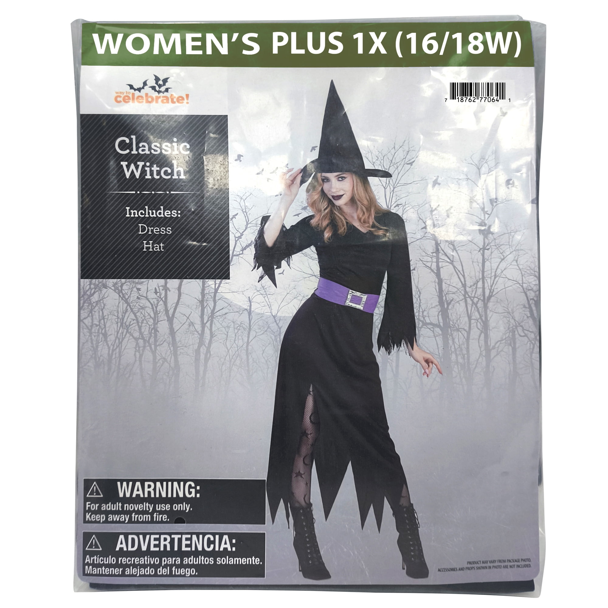 Classic Witch Halloween Costume for Adults, Women's Size 1X (16/18W), by Way to Celebrate