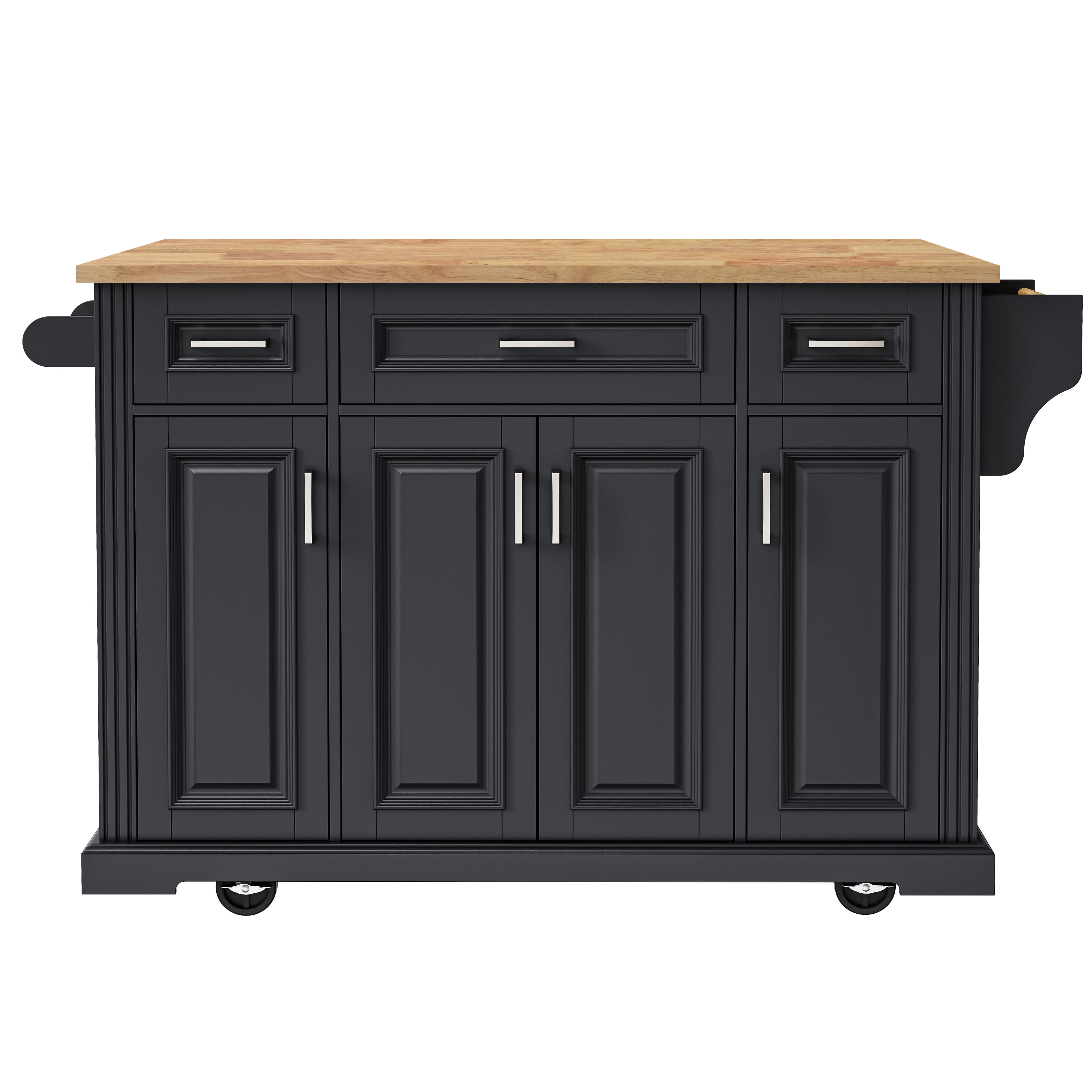 Homy Casa Rolling Kitchen Island Cart with 3 Drawers, 4-Door Storage Cabinet, Side Rack & Wheels, Black/Natural, for Kitchen, Dining Room, Coffee Bar