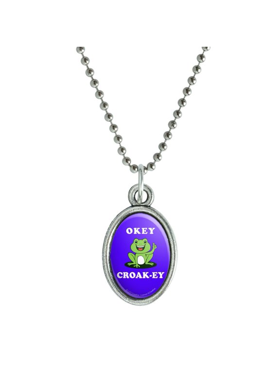 Okey Croak-ey Dokey Frog Funny Humor Antiqued Oval Charm Pendant with Chain