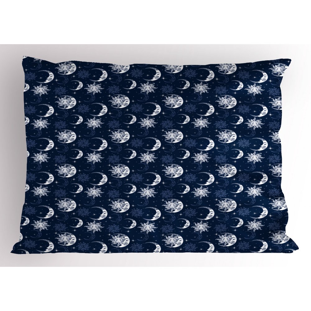 Half Moon Pillow Sham, Repeating Mystical Sky Elements Sun and Stars