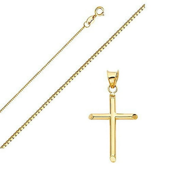 Solid 14K Fine Gold Box Chain Cross Pendant Necklace - Choose Chain Length and Width (16.0, Box Chain - 0.8mm)