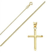 Solid 14K Fine Gold Box Chain Cross Pendant Necklace - Choose Chain Length and Width (18.0, Box Chain - 0.8mm)