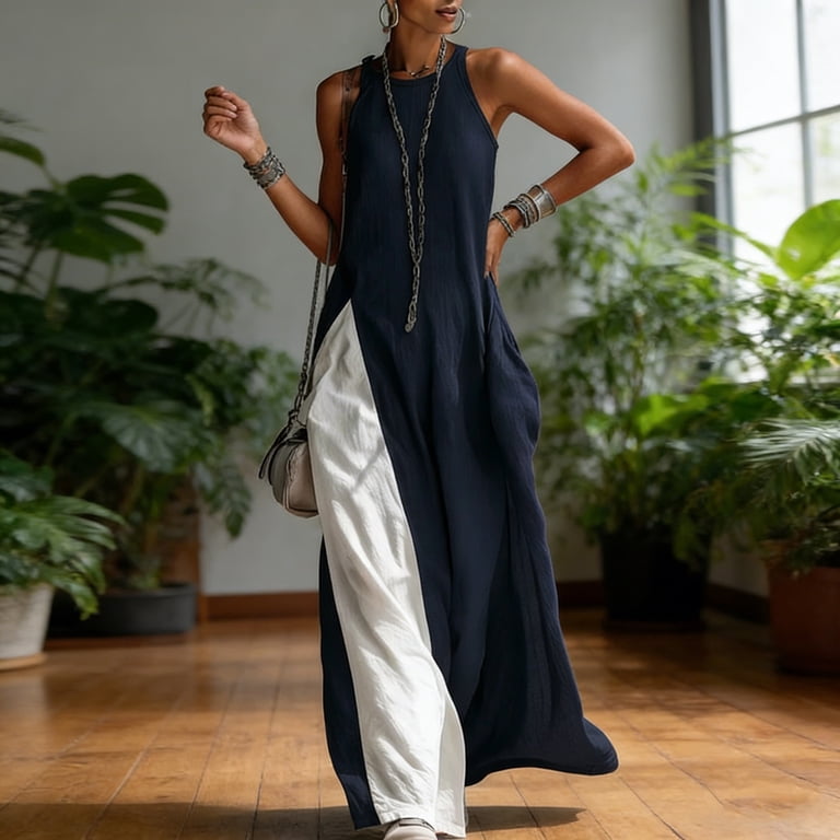 Lifetechs Women's Flowy Long Tank Top Side Split Crew Neck Sleeveless Maxi Dress Summer Casual Beach Sundress with Pockets Navy Blue