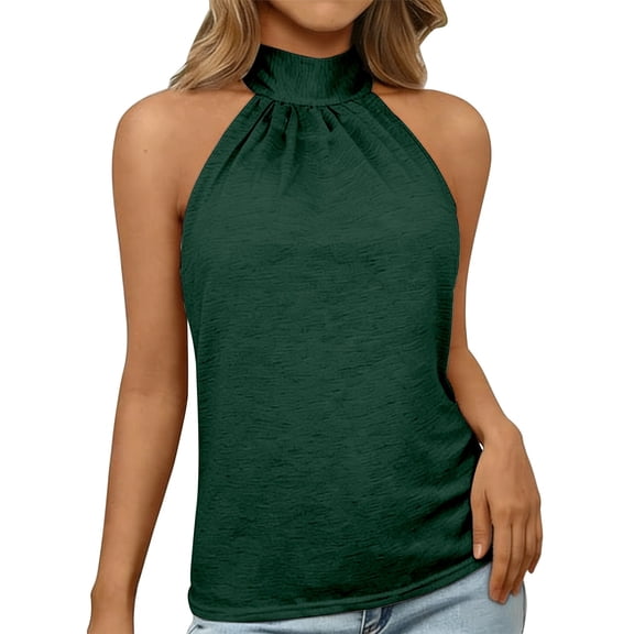 Duoif Womens Tank Tops, High Neck Sleeveless Top, Loose Fit Beach Vacation Shirt Womens Shirts Blackish Green L