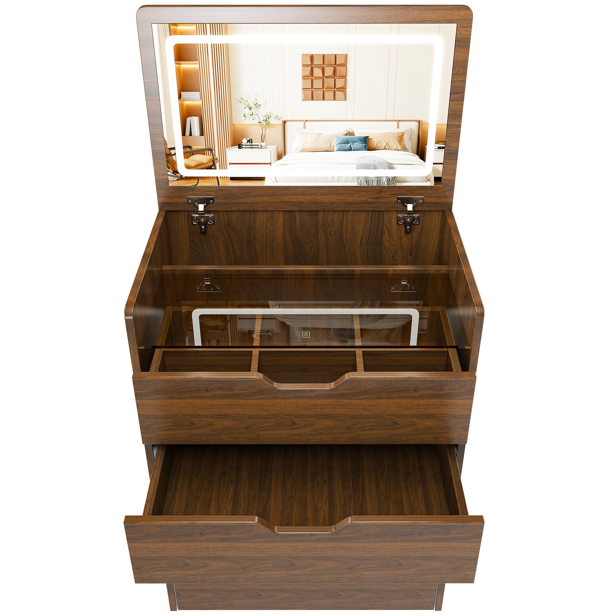 3-in-1 Vanity Desk with Flip Top Lighted Mirror & Storage Stool, Compact Makeup Dressing Table, Walnut