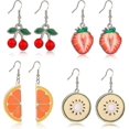 thumbnail image 1 of Juego de 4 pares de pendientes creativos variados de frutas lindas con forma de cereza, fresa y sandía, colgantes para mujeres y niñas, envío gratuito, 1 of 5