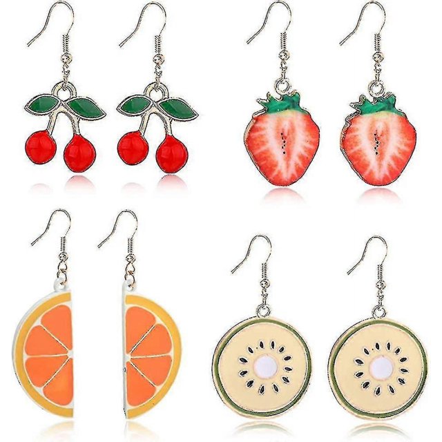Juego de 4 pares de pendientes creativos variados de frutas lindas con forma de cereza, fresa y sandía, colgantes para mujeres y niñas, envío gratuito