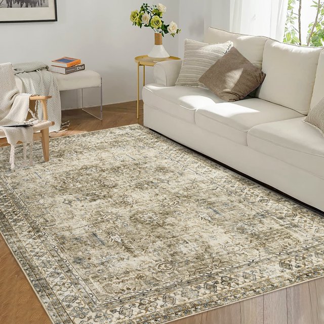 Aoile 9x12 Area Rug, Vintage Floral Washable Rug for Living Room, Non Slip Low Pile, Brownish Brown