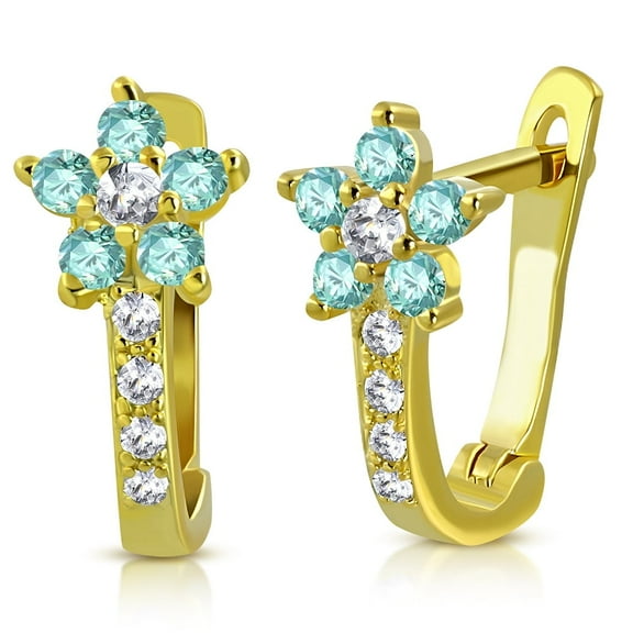 925 Sterling Silver Yellow Gold-Tone Aquamarine-Tone CZ Small Hoop Huggie Flower Floral Earrings, 0.5"
