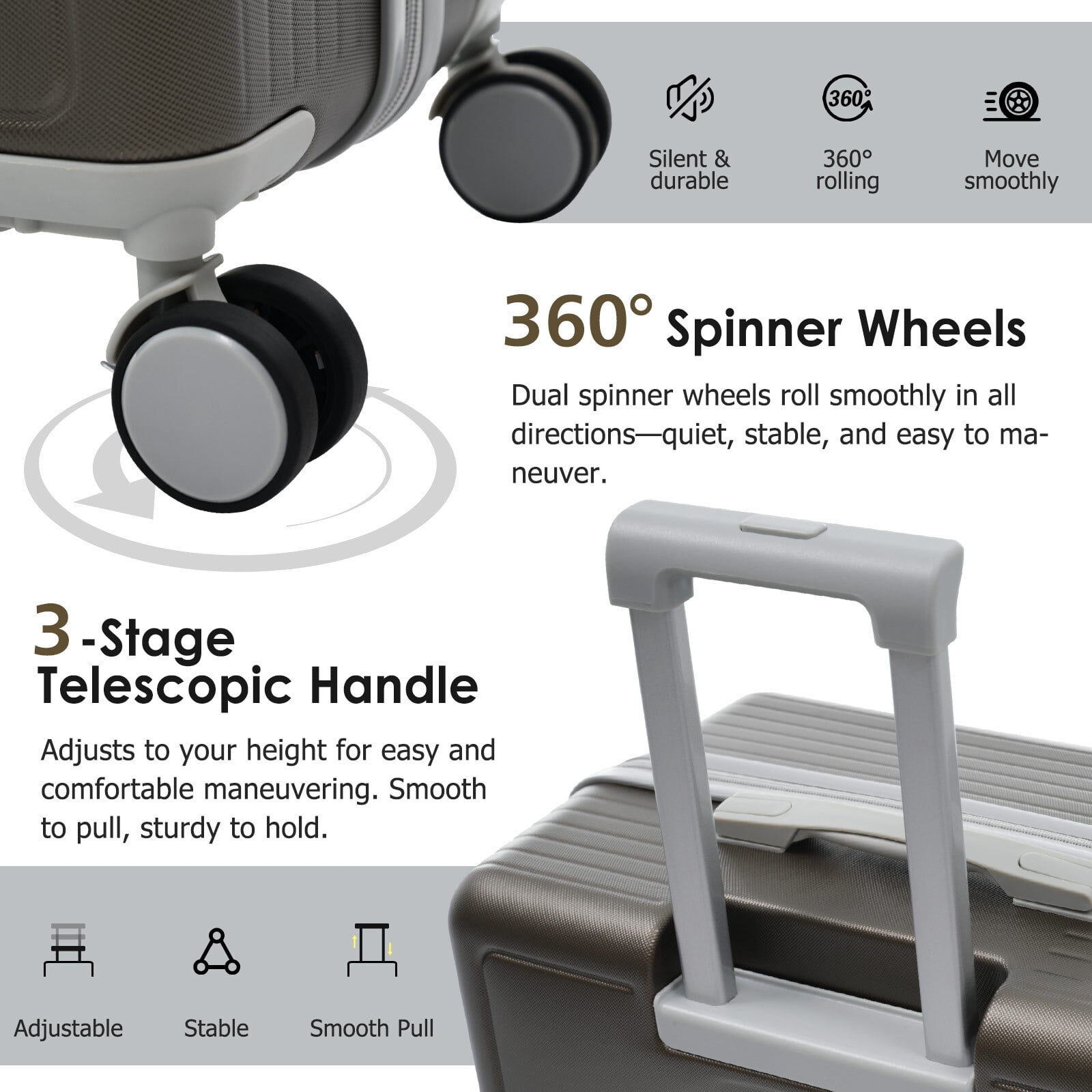 Euroco Luggage Set 3 Piece, ABS Hardside Suitcase with Spinner Wheels,TSA Lock and 2 Side Hooks,Lightweight Durable Travel Suitcase Set(20"/24"/28"),Bronze