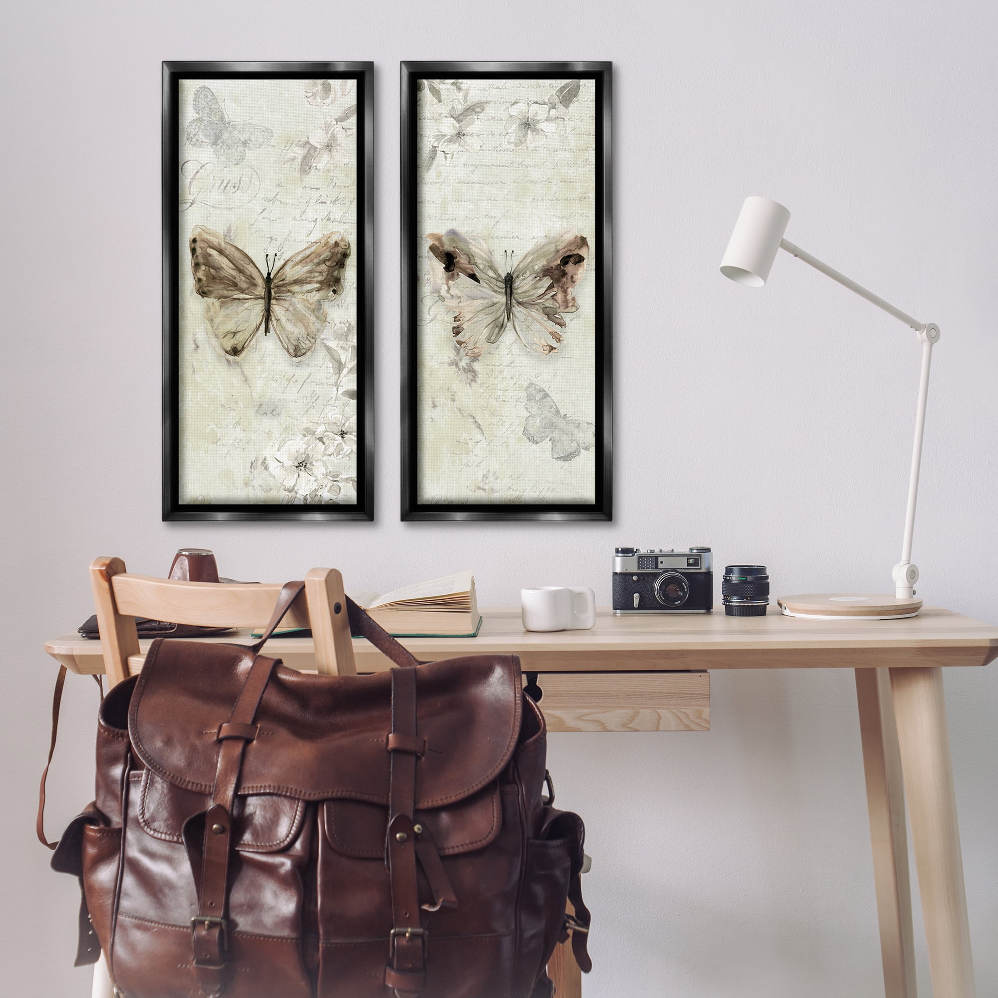 Stupell Industries Vintage Butterfly Scrapbook Page Animals Painting Black Floater Framed Canvas Art Print Wall Art, 14 x 31, Set of 2