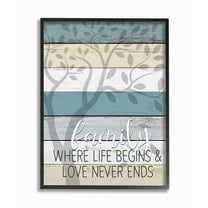 Stupell Industries Family Begin and End Quote Tree Wood Grain Blue Tan Phrase Framed Wall Art Design by Kim Allen, 24" x 30", Black Framed