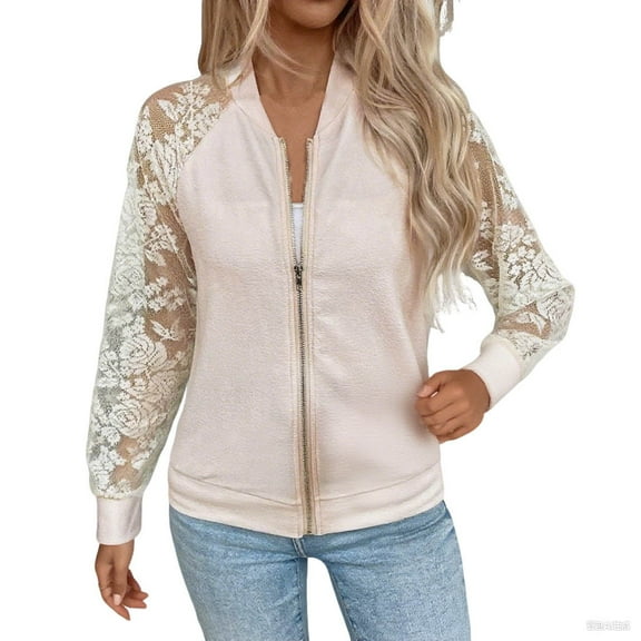Bomber Jacket Women Varsity Casual Zip Lace Embroidery Long Sleeve Fall Fashion Short Outerwear with Pockets
