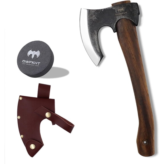 DWFKHT Camping Hatchet 14.6",1065 High Carbon Steel Blade with Beech Handle & Leather Sheath, Outdoor Axe for Wood Chopping, Splitting&Gardening Tasks