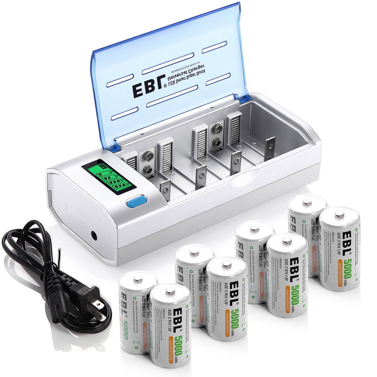 EBL 8Pack 5000mAh Size C Cell Rechargeable Batteries with LCD Battery Charger for AA AAA 9V C D