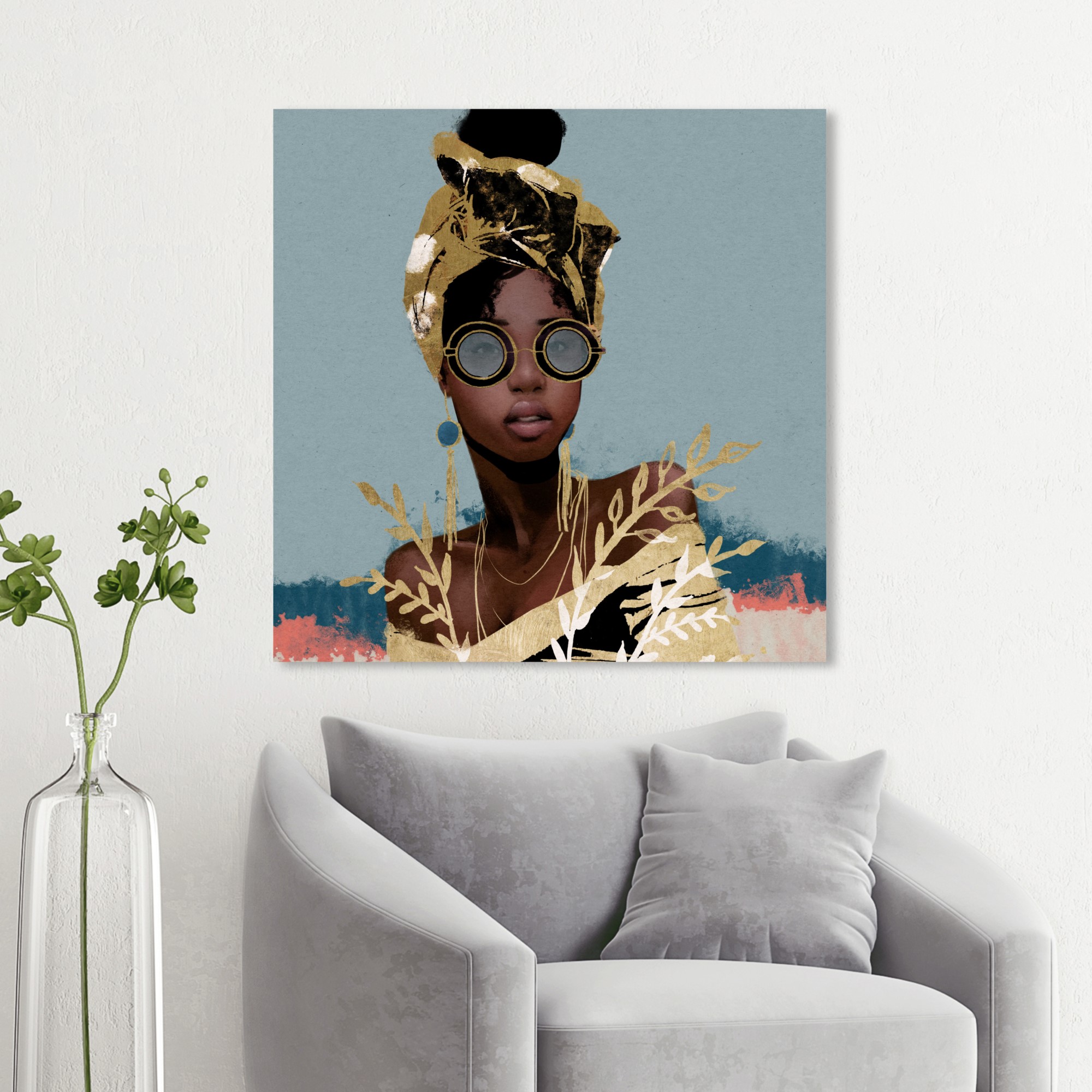 Wynwood Studio 'Dusty Blue Wraps' Fashion and Glam Wall Art Canvas Print - Gold, Blue, 20" x 20"