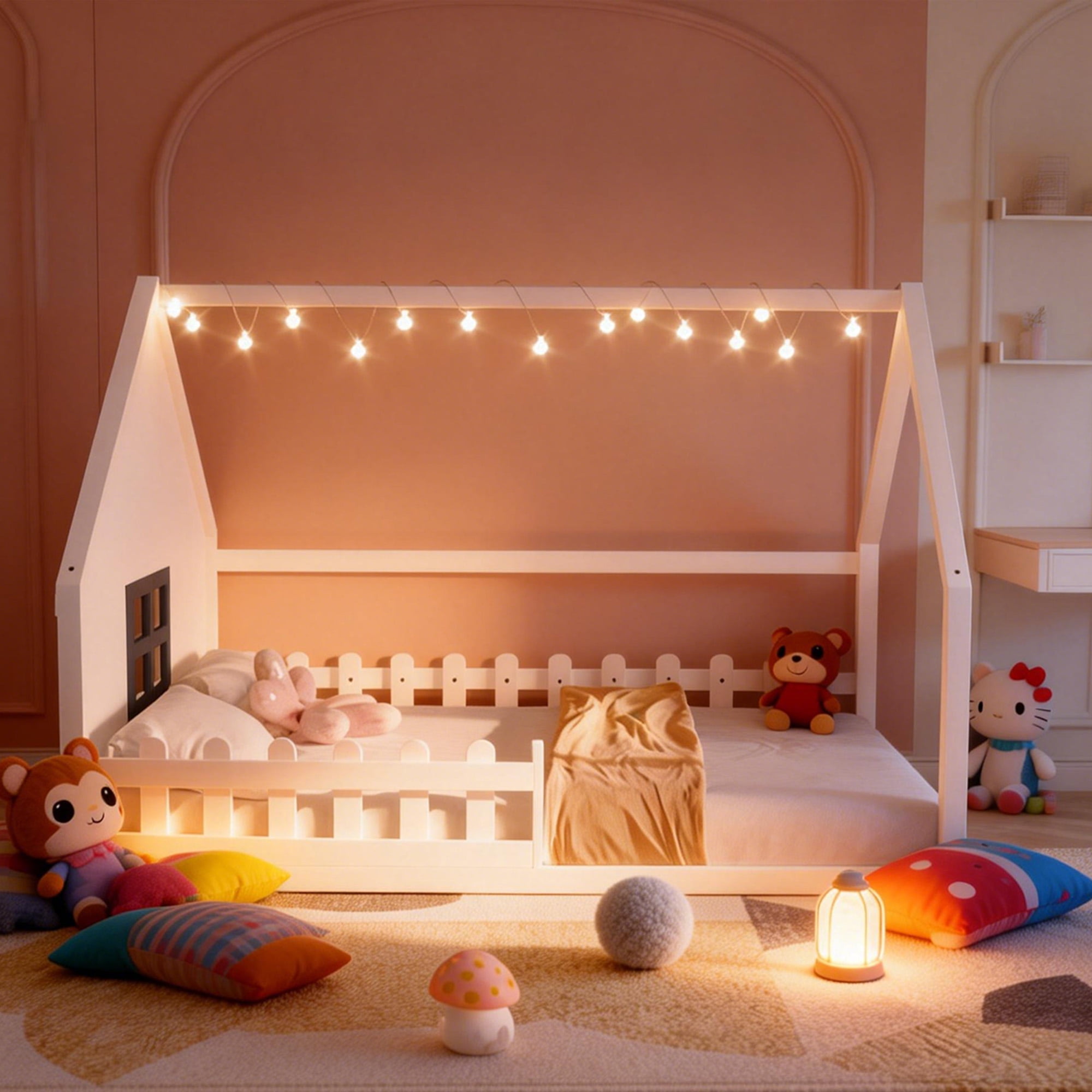 Bellemave House Bed Full Size Floor Bed with Fence Railings and Window, Wooden Montessori Floor Bed,Full Size Bed Frame,White