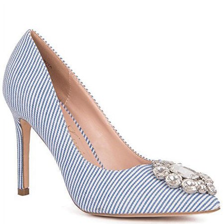 

Lauren Lorraine Rita Rhinestone Embroidered Broche Pointed Toe Blue Stripe Pump (7.5)