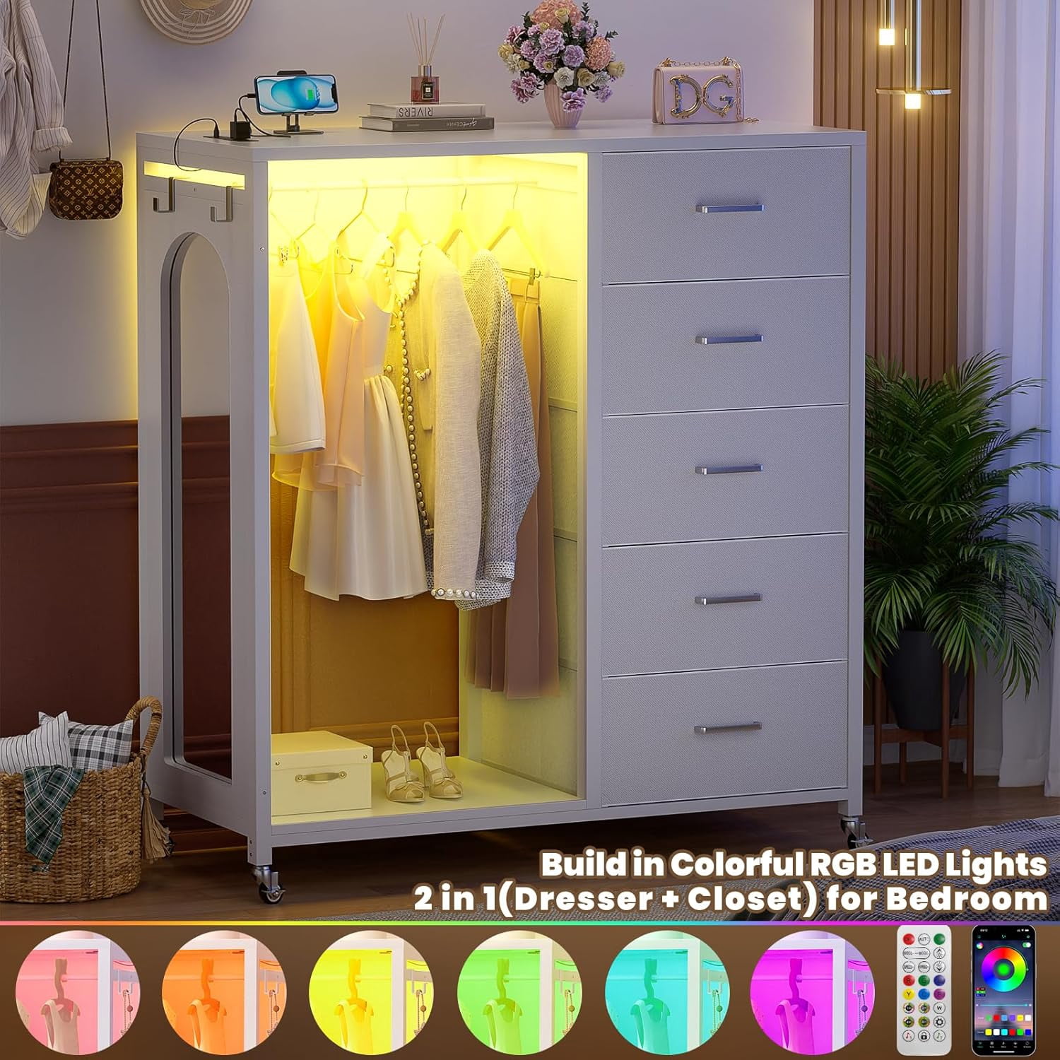 Homieasy Dresser for Bedroom with Clothes Rack & Mirror, Black 5 Drawers Dresser with Charging Station & LED Lights, Rolling Chest of Drawers with Wheels, Full Length Mirror, Wooden Top